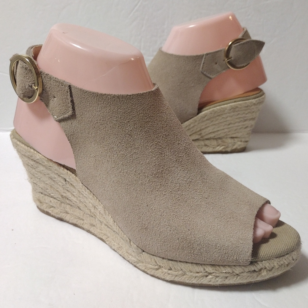 KANNA Made in Spain Taupe Suede Leather Wedge Peep Toe Espadrille Sandal Size 37
